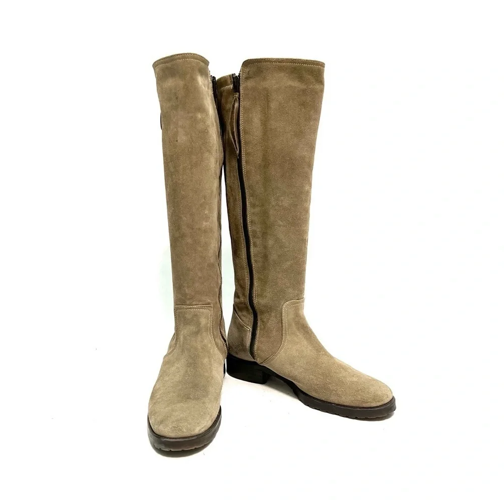 Vintage 1990s women’s tan suede zip up knee high fleece line buckle riding boots